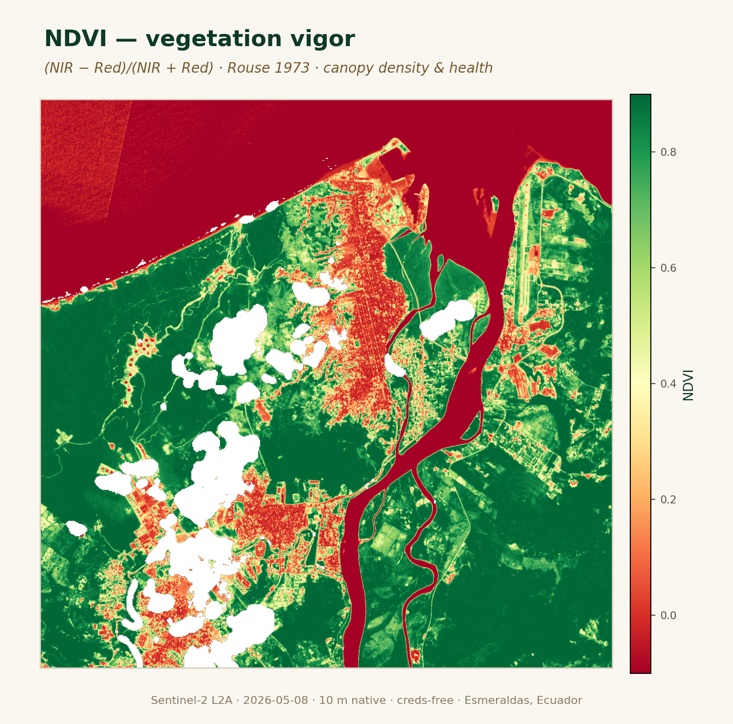 NDVI vegetation index, plot ECU-ESM-COCOA-0001 — the same lower-left corner reads deep red, low vigor.