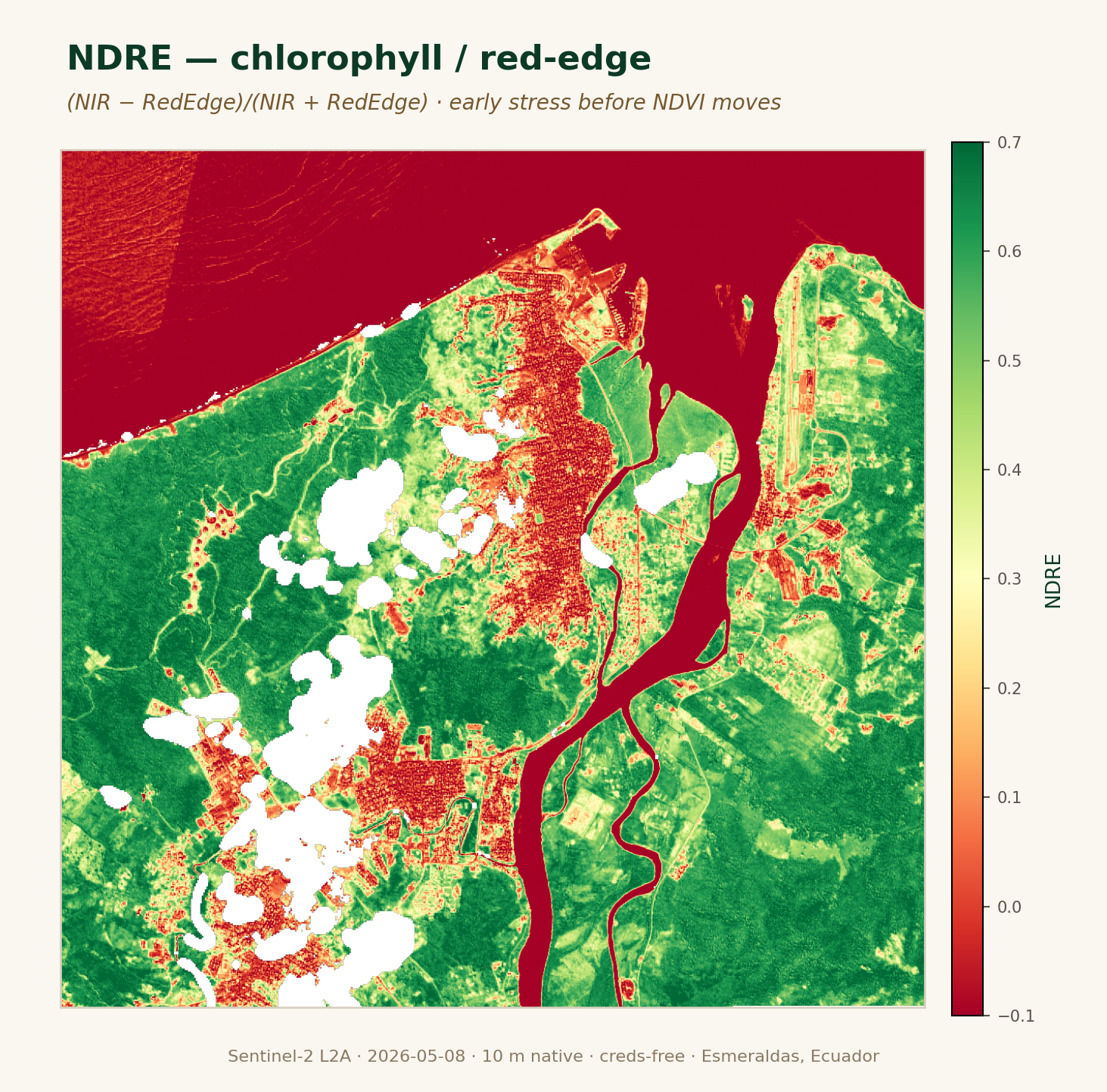 NDRE red-edge index, plot ECU-ESM-COCOA-0001 — chlorophyll stress visible as a magenta lobe in the lower-left of the acre.