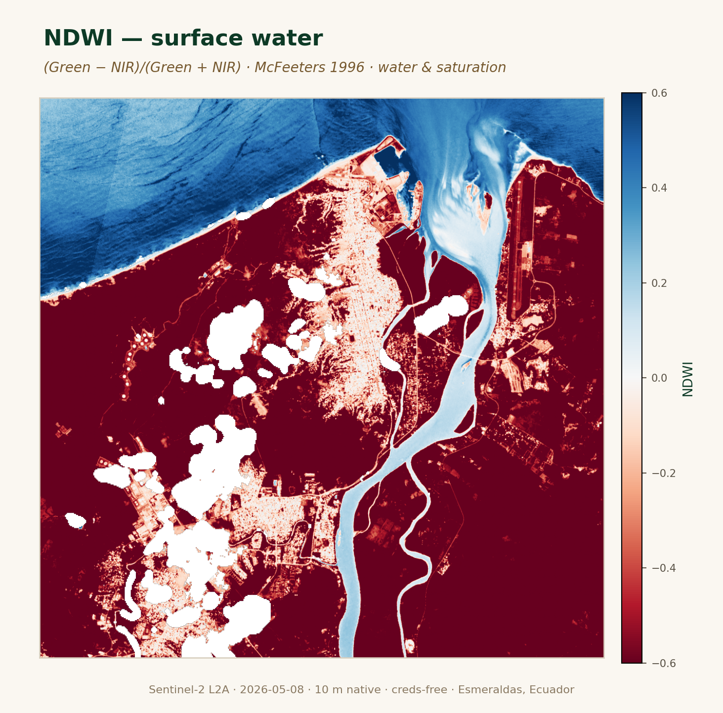 NDWI water index, plot ECU-ESM-COCOA-0001 — canopy water content across the acre.