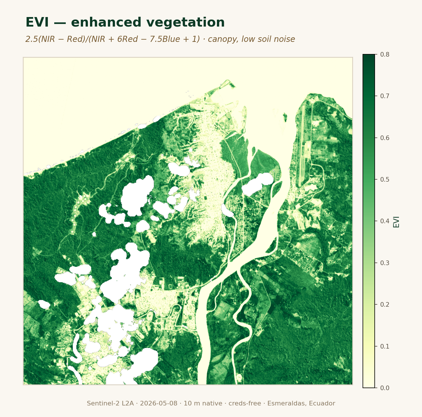 EVI enhanced vegetation index, plot ECU-ESM-COCOA-0001 — same stressed lower-left corner.