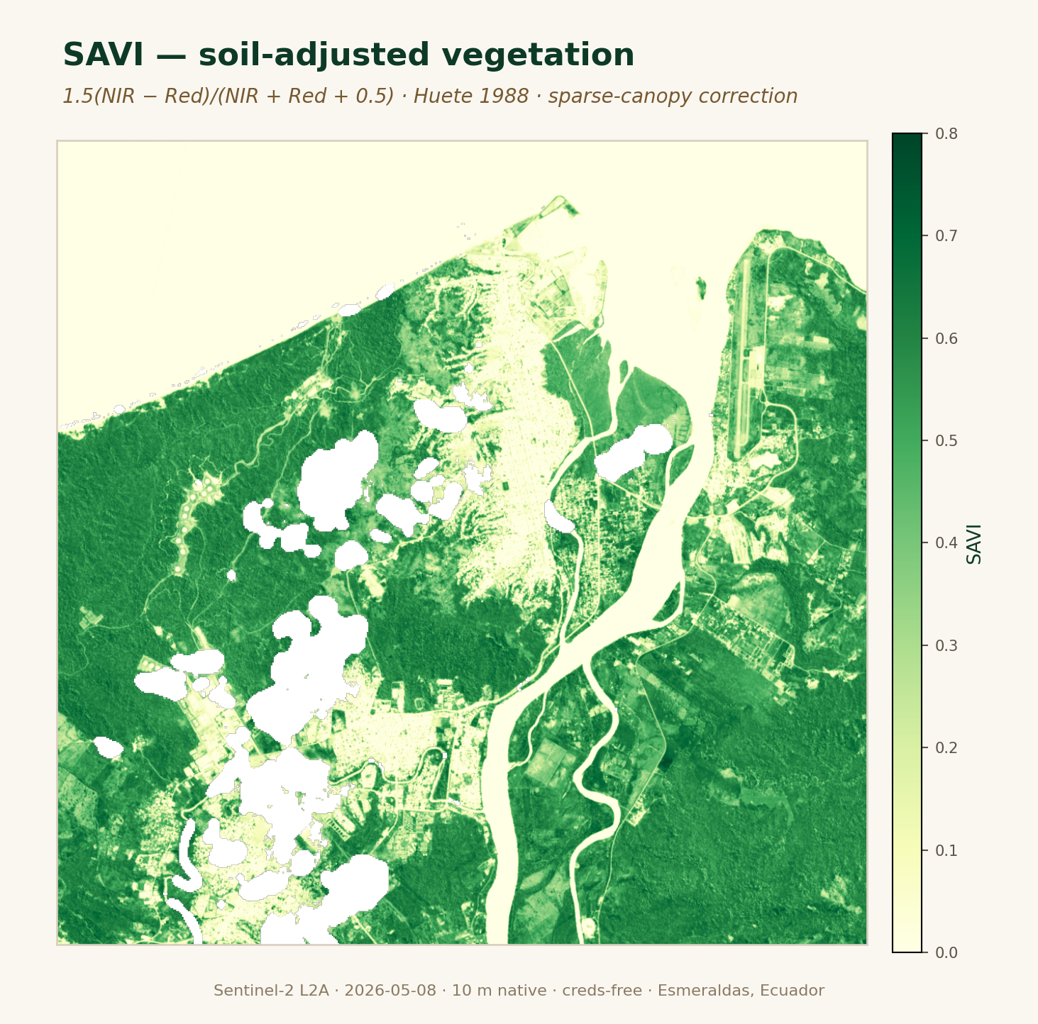SAVI soil-adjusted vegetation index, plot ECU-ESM-COCOA-0001 — same stressed corner, soil-corrected.